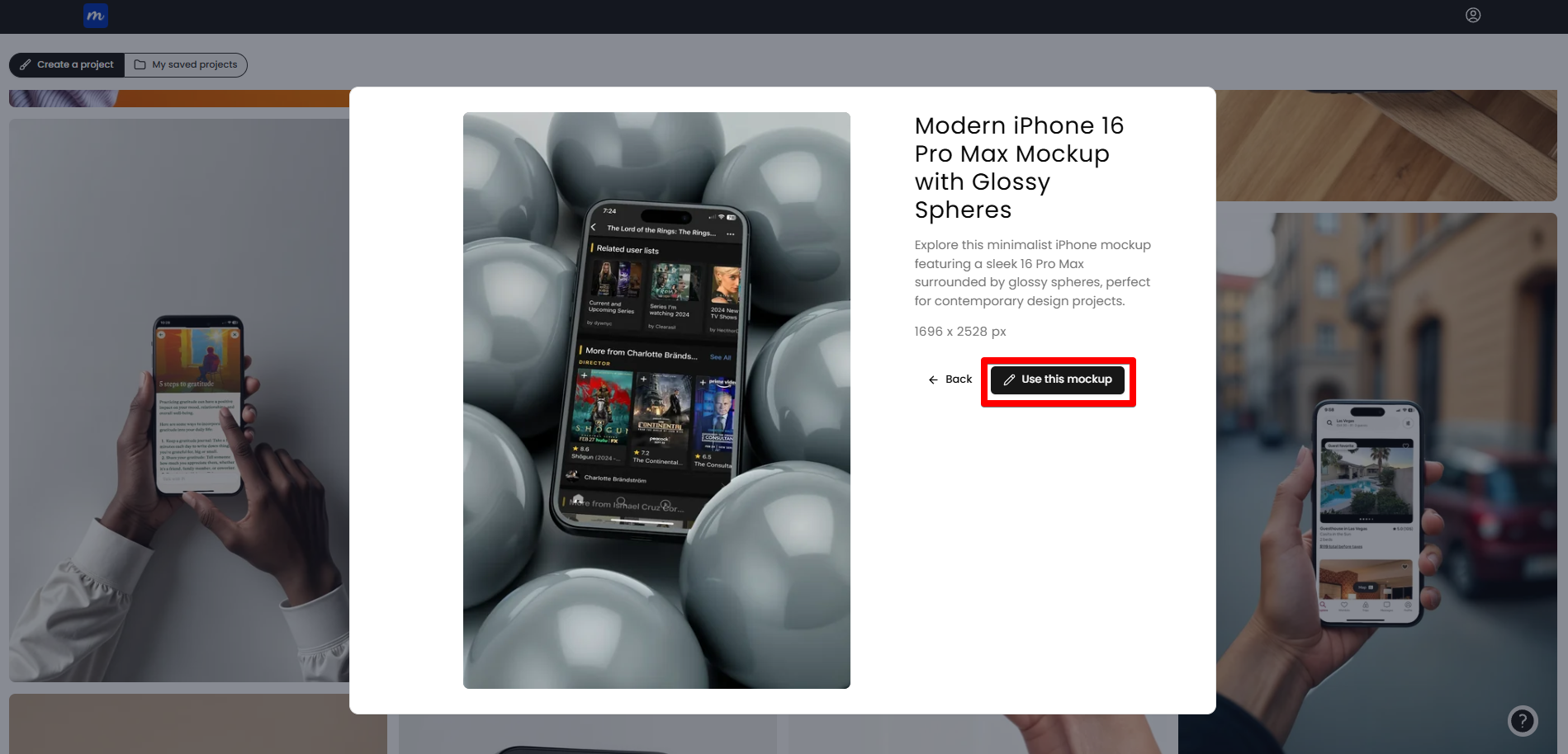 Modor mockup preview page showing an iPhone 16 Pro Max mockup surrounded by glossy spheres